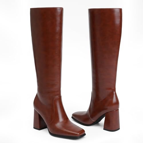 Image of QIY Knee High Boots Women Chunky Heel Square Toe Tall Boots Women Heeled Size Zipper Long Boots