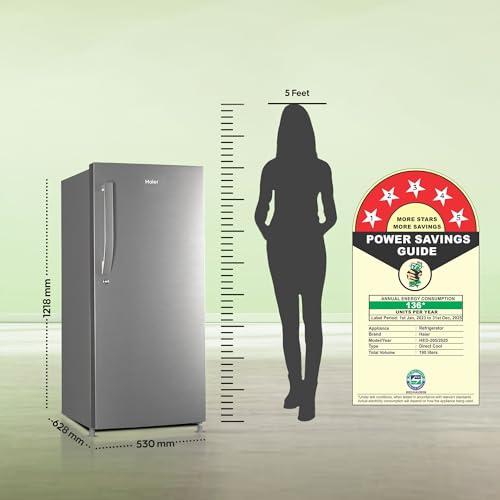 Image of Haier 190L 5 Star Direct Cool Single Door Refrigerator | 3 Toughened Glass Shelves | Fast Ice Making in Just 60 minutes | Large Veg Box| Easy Clean Back (HED-205DS-P, Dazzle Steel)