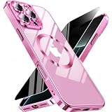 Magnetic for iPhone 16 Pro Max Case with Privacy Screen Protector & Full Camera Cover,[Non-Yellowing] Shockproof Clear Phone Case Compatible with MagSafe Women Girls for iPhone 16 ProMax,Hot Pink