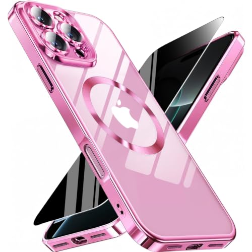 Image of Magnetic for iPhone 16 Pro Max Case with Privacy Screen Protector & Full Camera Cover,[Non-Yellowing] Shockproof Clear Phone Case Compatible with MagSafe Women Girls for iPhone 16 ProMax,Hot Pink