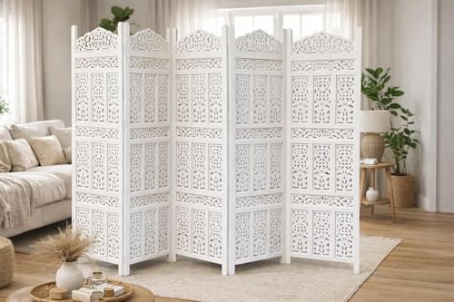 Image of Home & Goods International Wooden Room Divider Partition - Wood Screen Separator for Living Room, Bedroom, Office, Restaurant || Kangra Badrun Design, White (5 Panel)