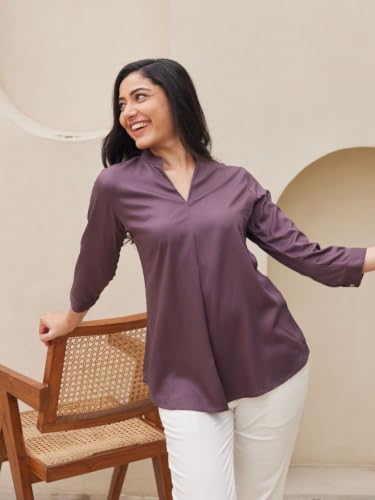 Image of SAADAA Top for Women, Viscose Pleated Tops, V-Neck with a Collar, 3 /4 Sleeve Length, Office & Casual Wear