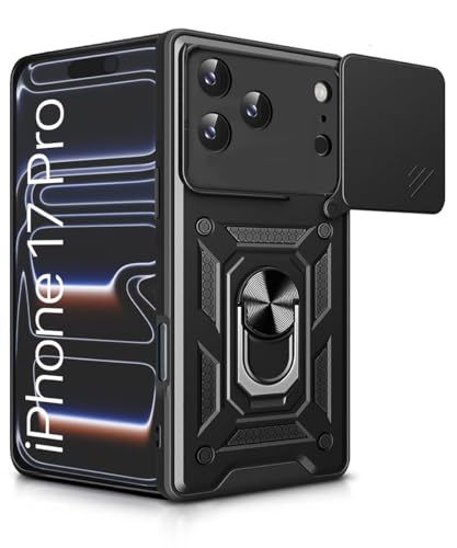 Image of WOW IMAGINE Tough Armor Bumper Mobile Back Case for iPhone 17 Pro | Sliding Camera Shield Cover | Shock Proof 360 Protection | Hybrid PC + TPU | Ring Holder with Kickstand - Black