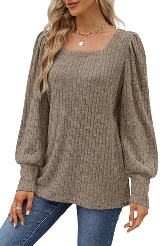 Image of WIHOLL Long Sleeve Shirts for Women Trendy Casual Square Neck Tops Lightweight Sweaters
