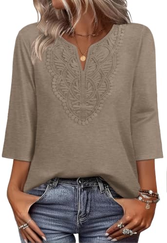 Image of WIHOLL 3 /4 Length Sleeve Womens Tops Boho V Neck Lace Shirt Trendy Blouses Dressy Casual Vacation Clothes S-3XL