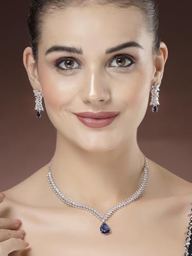 Image of Karatcart Elegant Silver Plated Blue American Diamond Necklace Set for Women