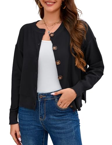 YesFashion Strickjacke Damen Kurz Elegante Langarm Strick Cardigan mit Knöpfen Casual Schulterjacke Bolero Top für Herbst Winter Schwarz XXL