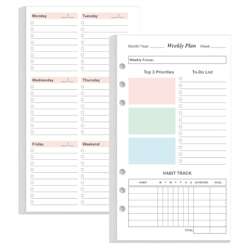 A6 Weekly Planner Refills for Filofax Personal Binders 53 Sheets/106 Pages Undated Colorful Weekly Planner 6-Hole Punched 100 gsm White Paper Last 1 Year 3.75 x 6.75