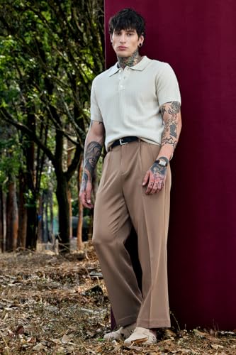 Image of SNITCH Men Bordeaux Trousers | Relaxed Fit High Rise Pleated Front with Turned-Up Cuffs | Smooth Polyester Fabric for Casual & Formal Wear | Summer Style