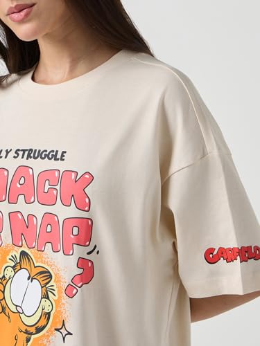 Image of Bewakoof X Garfield Garfield Women's 100% Cotton Graphic Print Oversized Fit Half Sleeve V-Neck T-Shirt | Casual wear | Streetwear | Oversized Tshirt for Woman Cotton| Baggy