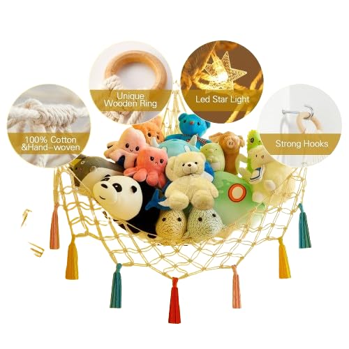 Corner Stuffed Animal Hammock with LED Light, Boho Macrame Toy Hammock with Colorful Tassels, Corner Plush Toy Net Holder, Hanging Net Storage Organizer for Nursery Play Room Bedroom Small (Standard)-image-41