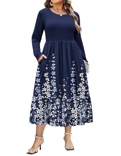 IN'VOLAND Women Plus Size Long Sleeve Dress Loose Casual Flowy Tiered Long Maxi Dresses with Pockets