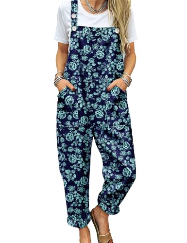 Image of YESNO Women's Overalls Cotton Boho Casual Floral Bib Jumpsuit Baggy Adjustable Strap Romper with Pockets PVV