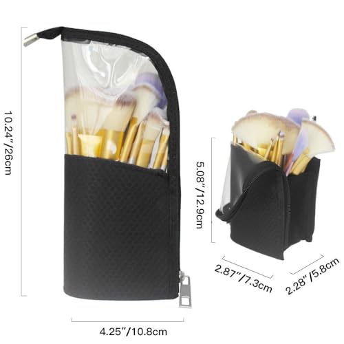 Black Travel Makeup Brush Holder 2-Pack, Organizer Bag Clear Plastic Cosmetic Zipper Pouch Portable Waterproof Dust-Free Stand-Up Small Toiletry Stationery Bag with Divider2