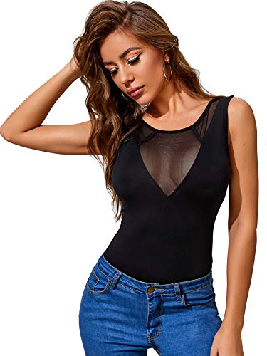 Verdusa Women's Sheer Contrast Mesh Sleeveless Slim Fitted Tank Top Black M #TOP5
