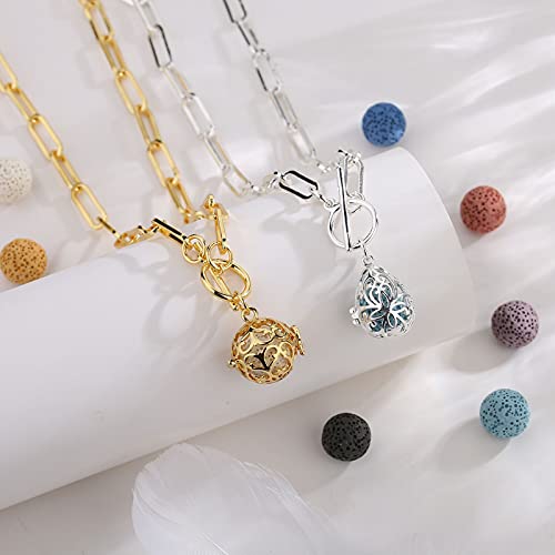 Infuseu Chunky 18K Gold Plated Paperclip Chain Necklace Toggle Clasp For Women Aromatherapy Essential Oil Diffuser Anxiety Jewelry, 7 Lava Rock Natural Stone #TOP1