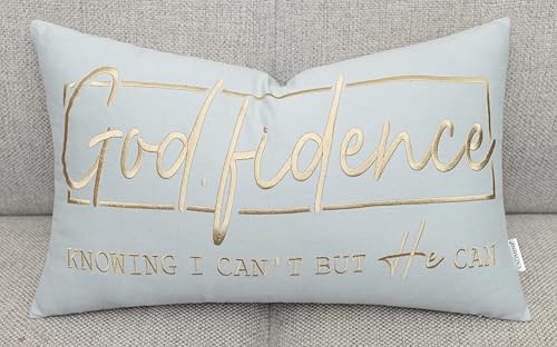 MANOJAVAYA Lumbar Pillow Cover 12x20 Inch – Blue Grey Cotton Hand Embroidered Christian Inspirational Faith Gift – Godfidence