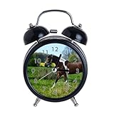 Children's Alarm Clock Retro Silent Pointer Clocks Round Number Dual Bell s Loud Alarm Clock Black Colors Bedside Night Light Home Decors Brown and White Horse on Field