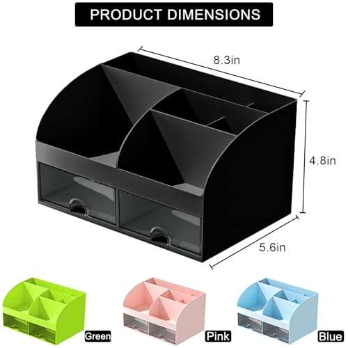 Desk Organizer with 6 Compartments and 2 Drawers, Plastic Makeup Organizer, Pen Holder for Desktop Storage, Desk Organization for School, Home, Office Supplies (Black) - Image 3