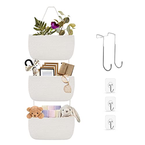 AIVIIN Over The Door Hanging Baskets, 3-Tier Wall Hanging Storage Basket, Woven Cotton Rope Hanging Organizer, Decorative Hanging Shelf Basket for Living Room, Bathroom,Bedroom and Kitchen(White)