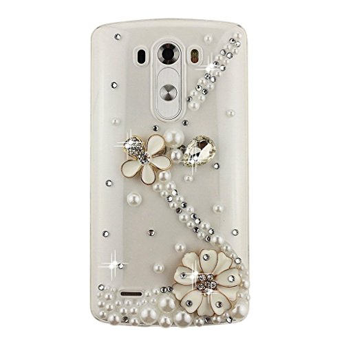 STENES Bling Phone Case Compatible with LG Optimus Zone 3 Case - Luxurious Crystal 3D Handmade Sparkle Diamond Rhinestone Clear Cover - S Link Flowers/White