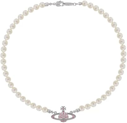 Punk Necklaces of Saturn for Women - Pearl Chain Crystal Quartz Saturn Pendant Necklace in Punk Style White Silver Pink