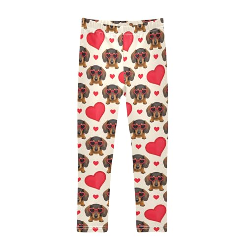 Cute Dachshund Love Pattern Girls Leggings Soft Comfortable Athletic Leggings Dancing Pants for 4-10 Years