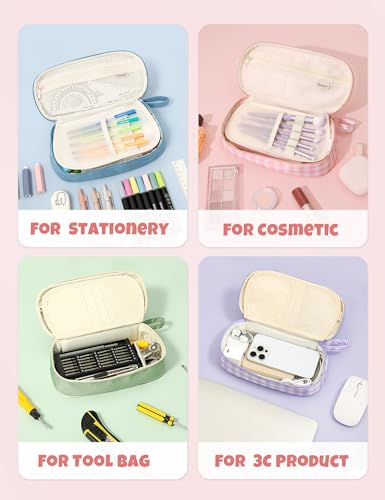 Image of SUNEE Cute Pencil Case, Large Colored Pencil Pouch, Aesthetic Pen Bag with Zipper, Kawaii Stationery Storage and Organizer, School Supplies for Teen and Adult, Boys & Girls, Pink Checkered