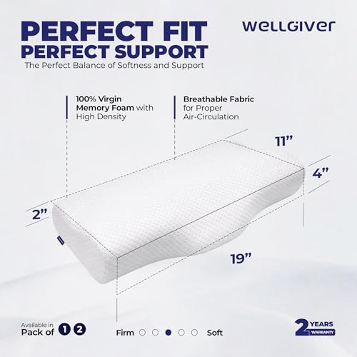 Image of WELLGIVER Cervical Memory Foam Pillow for Neck Pain | 2 Year Warranty | 19 x 11 x 4 Inch Standard | Orthopedic Pillow Spondylitis Neck & Shoulder Pain | Washable Jacquard White Cover | Pack of 1