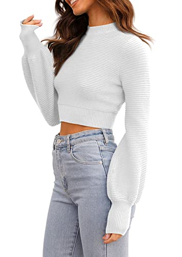Image of Womens Sexy Crew Neck Cropped Sweaters Knit Long Sleeve Crop Tops Pullover | Ribbed Knit, Long Sleeve, Crop Tops, Pullover,Crew Neck