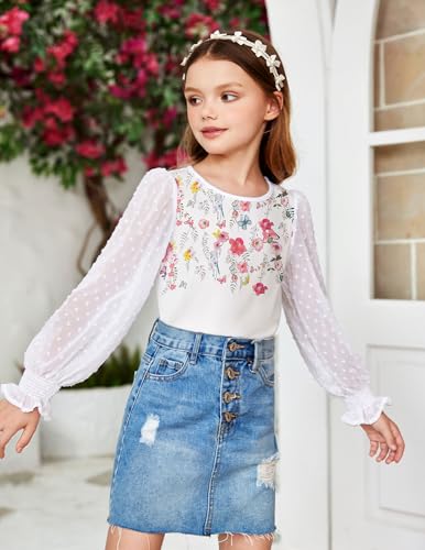Image of Arshiner Girls Long Sleeve Shirt with Ruffle Cuffs Polka Swiss Dots Kids Girls Pullover Shirts Cute Crewneck Girls Top