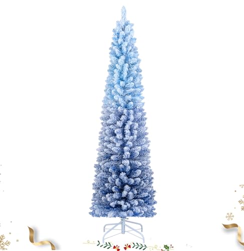 HAPPYGRILL 6 FT Pre-lit Flocked Pencil Christmas Tree Blue Slim Artificial Xmas Tree with 435 Branch Tips, 220 Warm White LED Lights, 8 Lighting Modes, Auto Timer