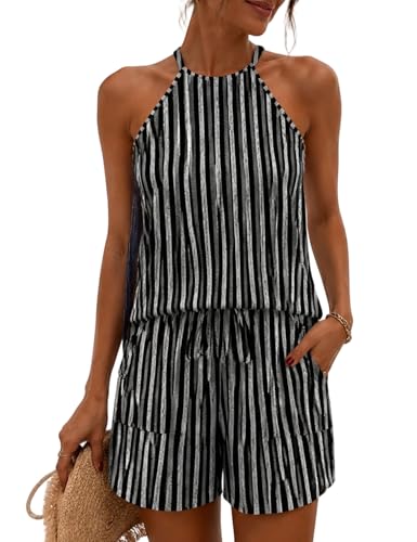 Image of Rapbin 2 Piece Short Sets for Women Casual Vacation Summer Outfits Sleeveless Halter Tops Loose Fit