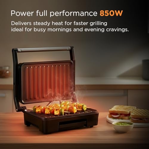 Image of Glen Electric Grill Sandwich Maker, 850W, Panini Press with Heavy Duty Non Stick Plates, Oil Collector Tray, Strong Steel Handle, Toaster Griller for 2 Bread Slices, 2-Year Warranty - 3029GRILL
