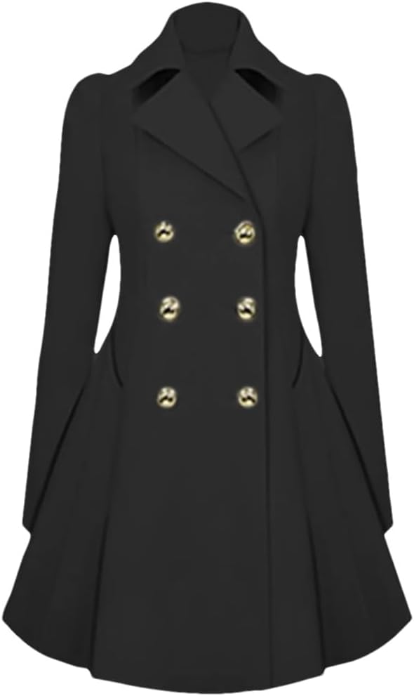 Women's Trench Coat Lapel Pea Coat Double Breasted A Line Coats Jacket With Pockets