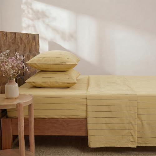 Image of Merryword Yellow Striped Sheet Set King Size - 100% Cotton Striped Bedding 4 Pieces, Soft Breathable Percale Weave, 17.5 inch Deep Pocket, Luxury Linen Like, All Season Comfort