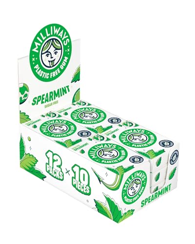 Milliways Spearmint Chewing Gum, Plastic Free, Sugar Free, Aspartame Free, Natural | 12 Packs of 10 Pieces (120 Pieces Total) | Xylitol, Plant-Based, Biodegradable