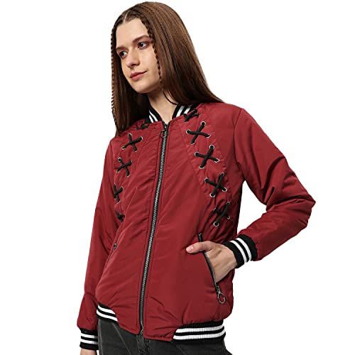 Image of Campus Sutra Women Red Puffer Regular Fit Bomber Jacket For Winter Wear | Low-Cut Standing Collar | Full Sleeve | Zipper | Casual Jacket For Woman & Girl | Western Stylish Jacket For Women