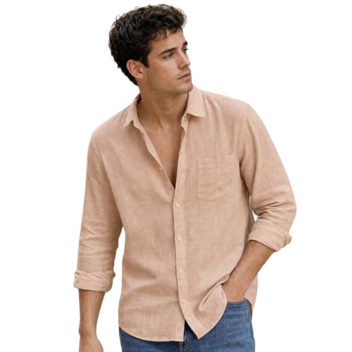 Image of Nobero Breezy Premium Linen Cotton Shirt for Men | Stylish Casual Shirts for Men | Semi Cut Collar | Box Pleat | Curved Hem | Regular Fit | Full Sleeve | S-XXXL