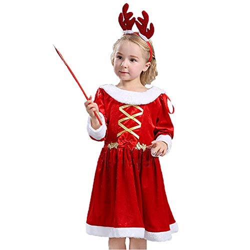キッズコスチューム クリスマス サンタ コスプレ ワンピース 可愛い 衣装 子供用 サンタクロース 仮装 ワンピース・タクト・カチューシャの3セット 子供 パーティー 文化祭 忘年会 舞台服 (130cm)