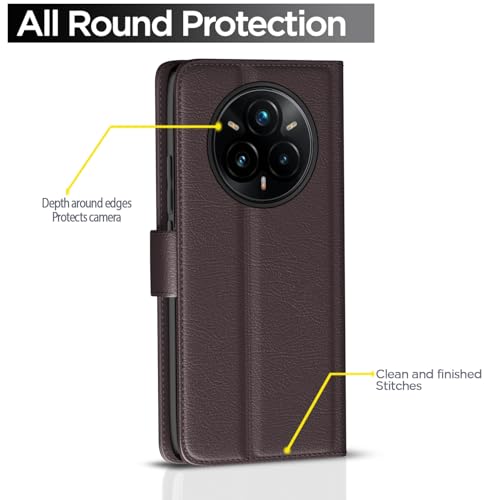 Image of Pikkme Flip Cover for Realme 14 Pro Plus 5G Leather Finish | Inside TPU with Card Pockets | Wallet Stand and Shock Proof | Complete Protection Button Flip Case(Coffee)