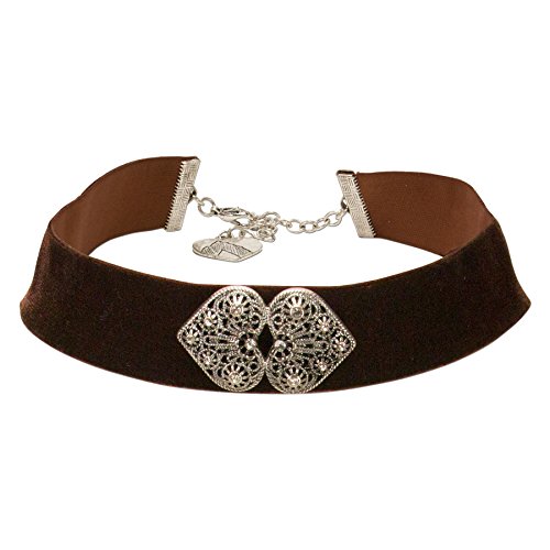 Alpenflüstern Trachten-Samt-Kropfband Ornament-Herzen - nostalgische Trachtenkette enganliegend, Kropfkette elastisch, eleganter Damen-Trachtenschmuck, Samtkropfband breit braun DHK206