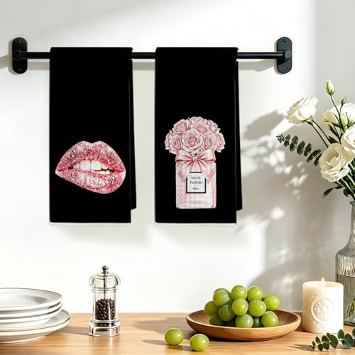 Image of 2 Pcs Pink Bow Champagne Hand Towels, Trendy Girly Reusable Dish Towels | Aesthetic Waffle Weave Hand Towels for Kitchen Bathroom Decor, Black and Pink Gifts for Women Girls Friend 24x14 Inch