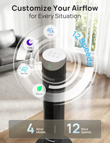 Image of ZAFRO Smart Tower Fan for Bedroom,120 Oscillating Fans that Blow Cold Air | 28ft /s High-Speed 12 Speeds 4 Modes Upgraded DC 22dB Ultra Quiet,App /Voice Control,Standing Fan with 12H Timer,36Inch,Black