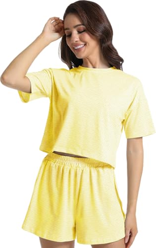 Image of Split Short Pajama Set Soft Women's Striped Pajama Sleeve Tee & Elastic Waist Shorts Lounge Sleepwear Yellow