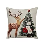クリスマス 枕カバー 18x18インチ リネン Xmas 鹿 & ウサギ 格子柄 ソフト プラッシュ クッションカバー 隠しファスナー付き ホリデー 冬 リビングルーム ソファ 寝室