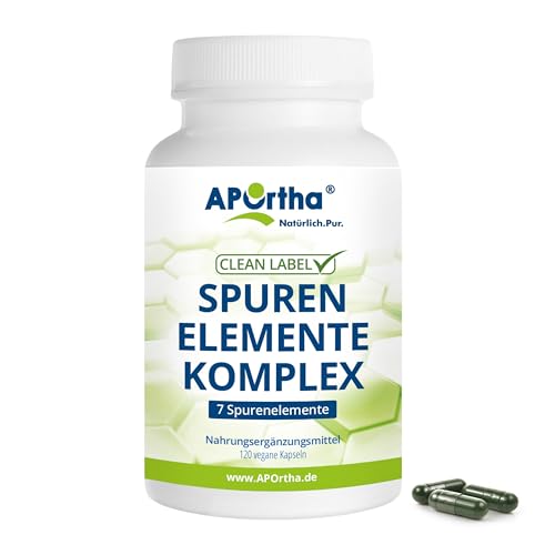 APOrtha® Spurenelemente-Komplex - 120 vegane Kapseln mit 7 Spurenelementen zur Grundversorgung Mangan, Kupfer, Jod, Selen, Molybdän, Zink und Chrom, Natürlicher Füllstoff Spirulina und Alfalfa