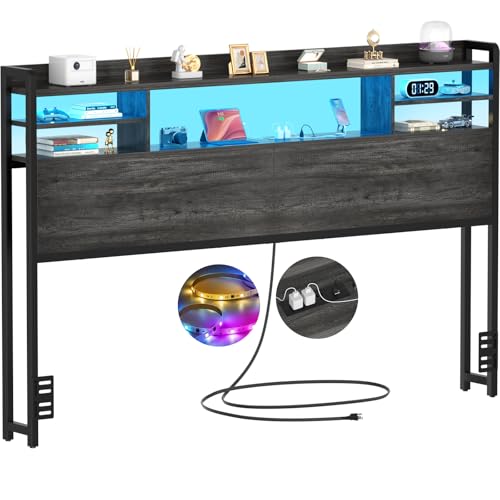 Aheaplus Headboard for Queen Size Bed with Storage, Headboards with LED Light, Power Outlets, USB Ports Queen Size Head Board, Wood headboard Only Sturdy and Stable Headboards, Modern, Black Oak