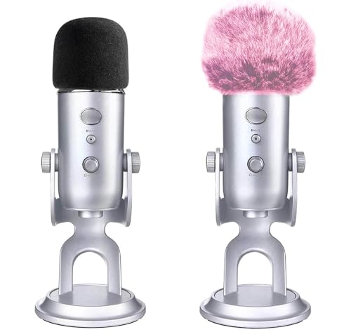 VIZEMO 2 PCS Microphone Foam Microphone Windscreen with Furry Windscreen Muff - Mic Wind Cover Pop Filter for Blue Yeti, Blue Yeti Pro USB Microphone (2 Pack) (Fuzzy-Pink+ Black Foam)