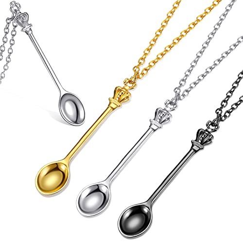 BBTO 3 Stück Löffel Halsketten Set Mini Teelöffel Halskette Vintage Antik Stil Krone Anhänger Halskette Löffel Kette mit 3 Geschenkbeutel Schmuck Geschenk für Frauen (Gold, Silber, Schwarz) Cover